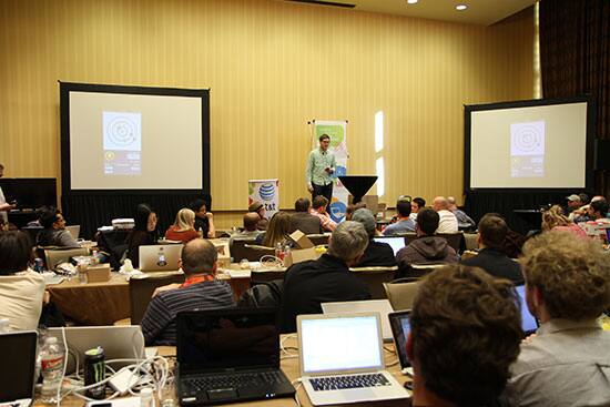 Team Mokiico presents its app to the judges at the AT&T and American Airlines Travel Hackathon during SXSW. (photo courtesy of AT&T)