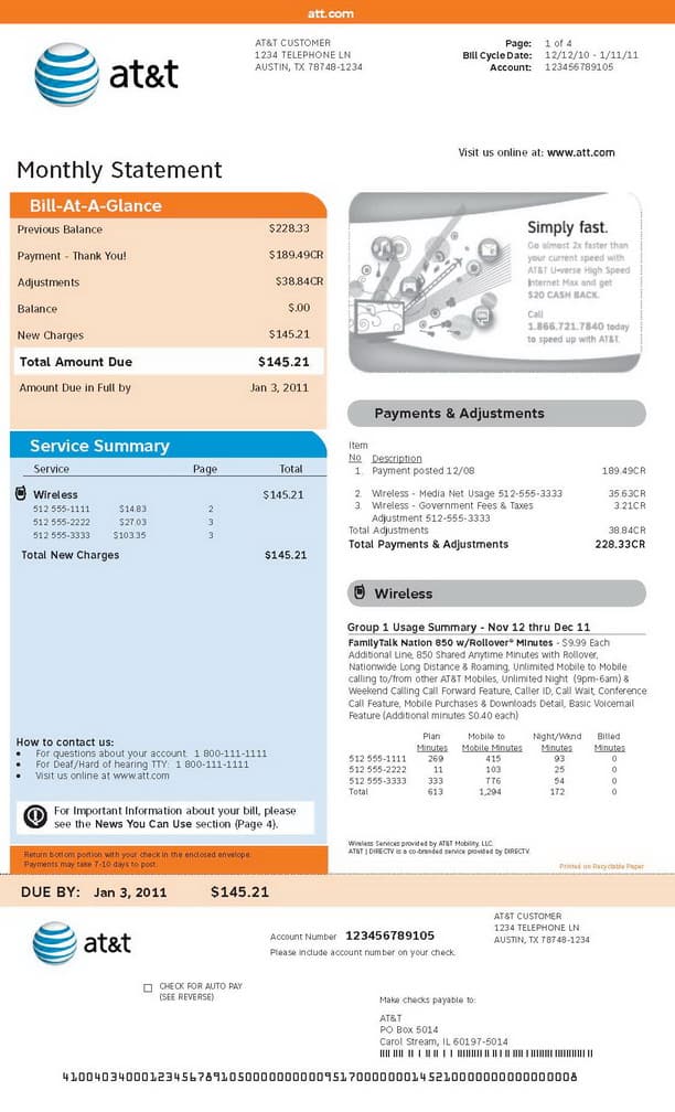 AT&T MOBILE PHONE BILL