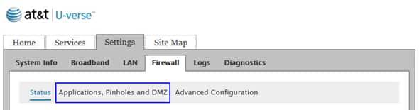 Applications, Pinholes, and DMZ is the second option under the Firewall tab.