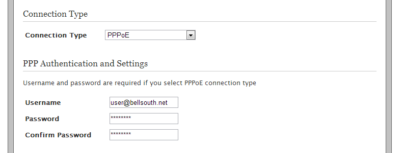PPP Authentication and Settings se encuentra después de la sección Connection Type