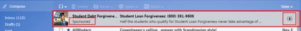 Mensaje patrocinado en la parte superior de la bandeja de entrada con una S en un círculo a la derecha