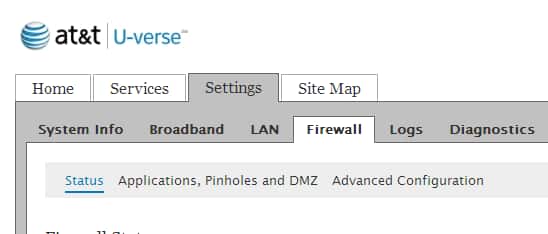 The Applications, Pinholes, and DMZ link is listed under the Firewall subtab tab, after Status.