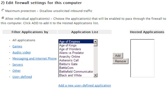 The Allow individual application(s) radio button is listed under the Maximum protection radio button. The Add a new user-defined applicaton link is located under the Application List column.