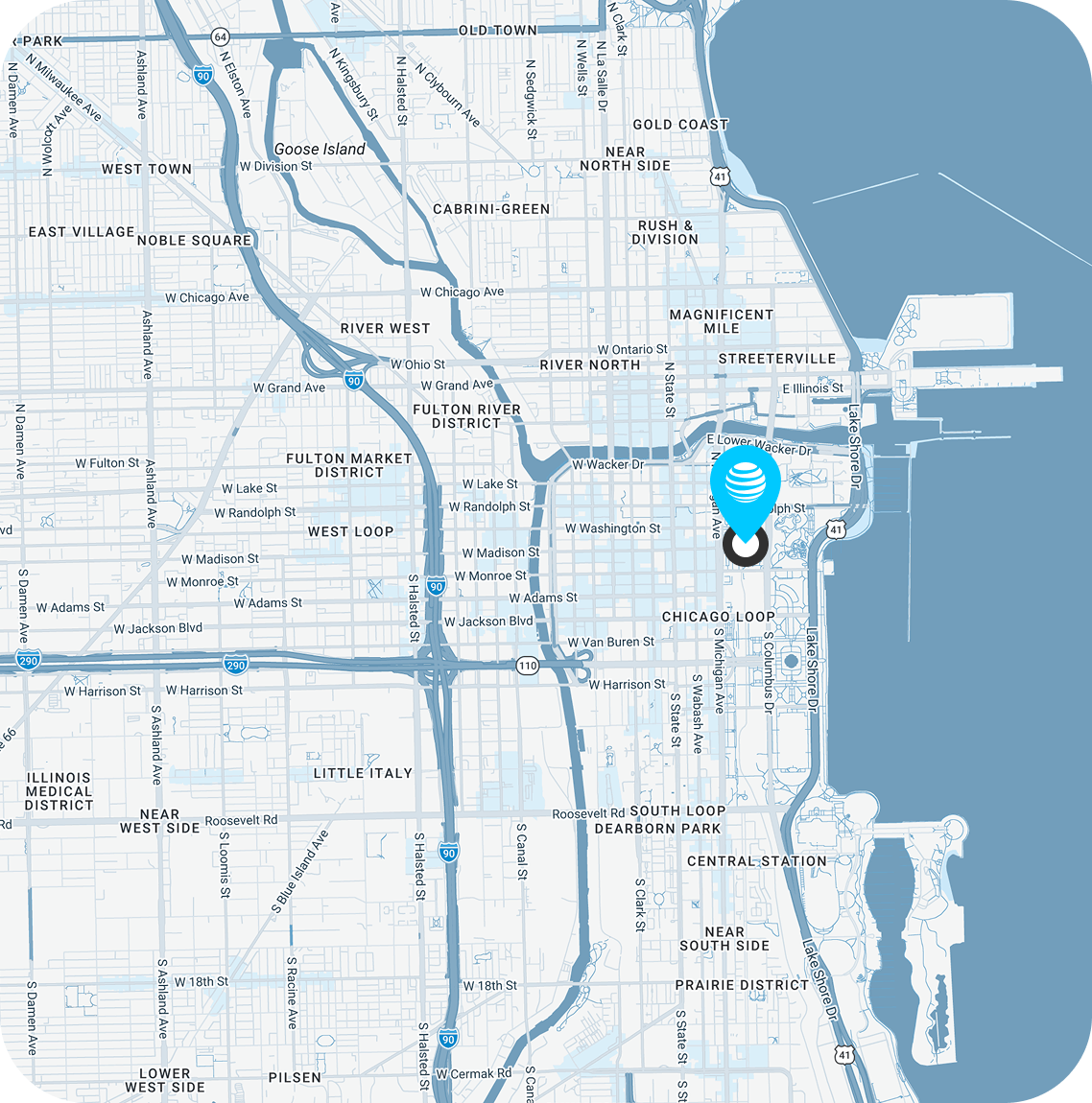 a top-down graphical view of Chicago with a map pin