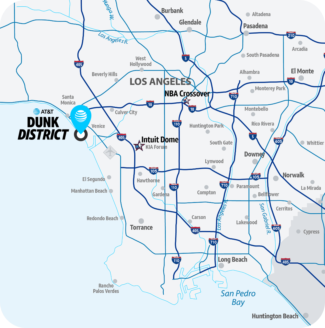 a top-down graphical view of California with a map pin labeled 'Dunk District'