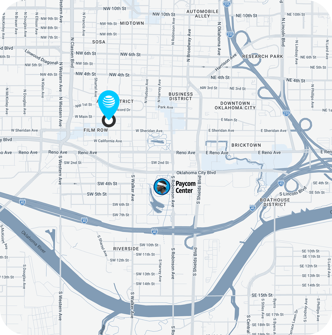 a top-down graphical view of OKC with a map pin