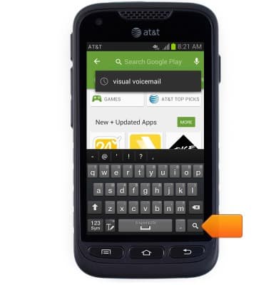 Phone showing application store screen with "visual voicemail" text entered, arrow pointing to "search" button on keypad