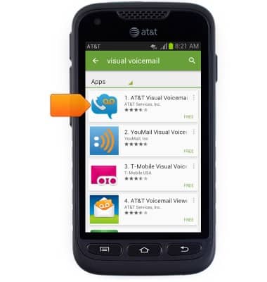 Phone showing "visual voicemail" search results screen with arrow pointing to "AT&T Vsual Voicemail" in the app store