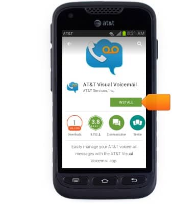 AT&T Visual Voicemail app screen shown with arrow pointing to "INSTALL" button