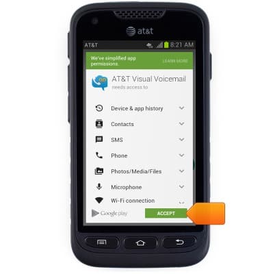 AT&T Visual Voicemail app screen shown with arrow pointing to "ACCEPT" button