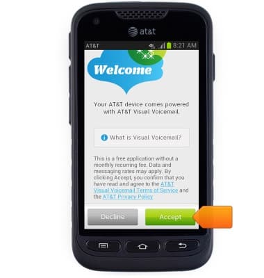 Visual Voicemail welcome screen shown with arrow pointing to "Accept" button