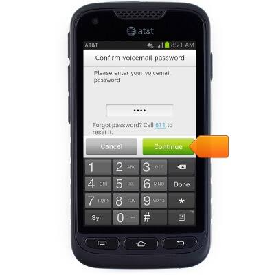 Confirm voicemail password screen is shown with arrow pointing to "Continue" button