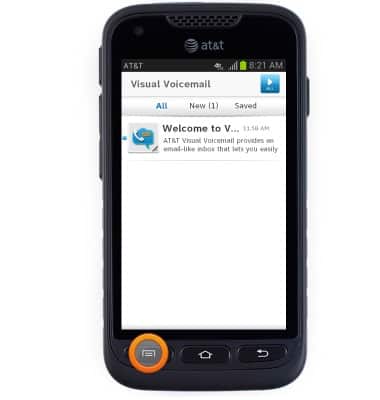 AT&T Visual Voicemail welcome message is displayed with "Menu" key circled