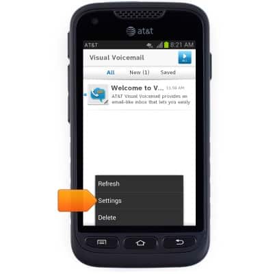 AT&T Visual Voicemail welcome message is displayed with arrow pointing to "Settings" button