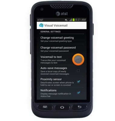 Visual Voicemail settings displayed, "Voicemail to text" checkbox circled