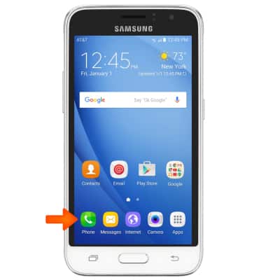 Samsung Galaxy Express 3 phone home screen shown with arrow pointing to the "Phone" icon