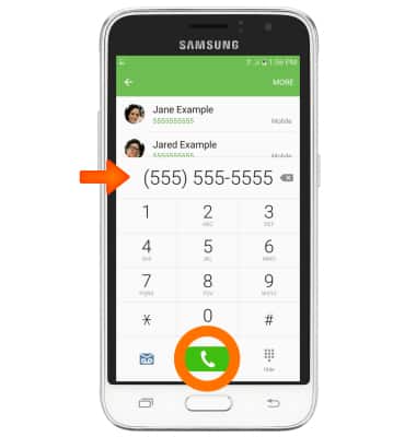 Phone showing how to make a call using the dial pad, arrow pointing to sample desired phone number, "Phone" icon circled