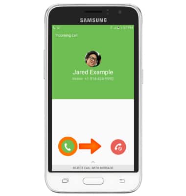 Incoming call screen shown, green phone icon circled with arrow pointing to the right indicating how to swipe to receive call