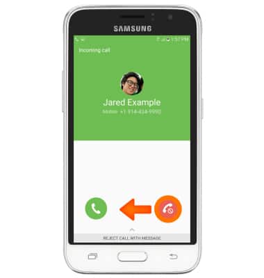 Incoming call screen shown, red phone icon circled with arrow pointing to the left indicating how to swipe to decline call