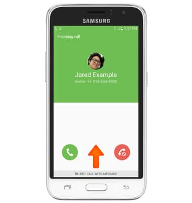Incoming call screen shown with arrow pointing up to indicate swiping, showing how to reject a call with a text message