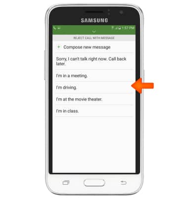 Reject call with message screen shown with prepared text message options, arrow pointing to desired message