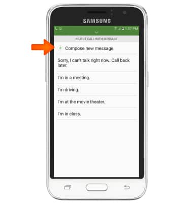 Reject call with message screen shown with arrow pointing to "Compose new message" option