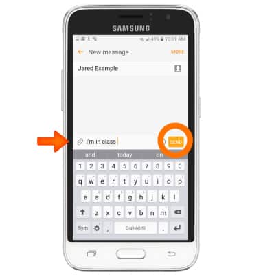 Samsung phone showing new message screen, arrow pointing to new custom message, "SEND" icon is circled