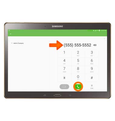 Tablet Dial pad shown with arrow pointing to sample phone number, "Dial" phone icon circled