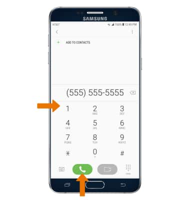Samsung Galaxy Note 5 keypad screen showing how to make a phone call; arrow points to keypad and green "Call" icon