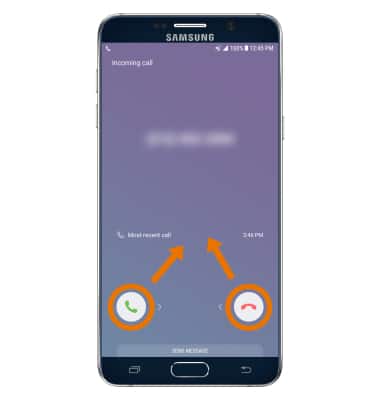 Incoming call screen showing how to answer or decline a call; "Answer" and "Decline" icons are circled and 2 arrows point up
