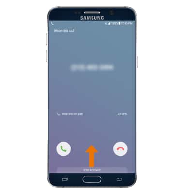 Incoming call screen showing how to reject call with a text message; arrow points up from "Send message" at bottom of screen
