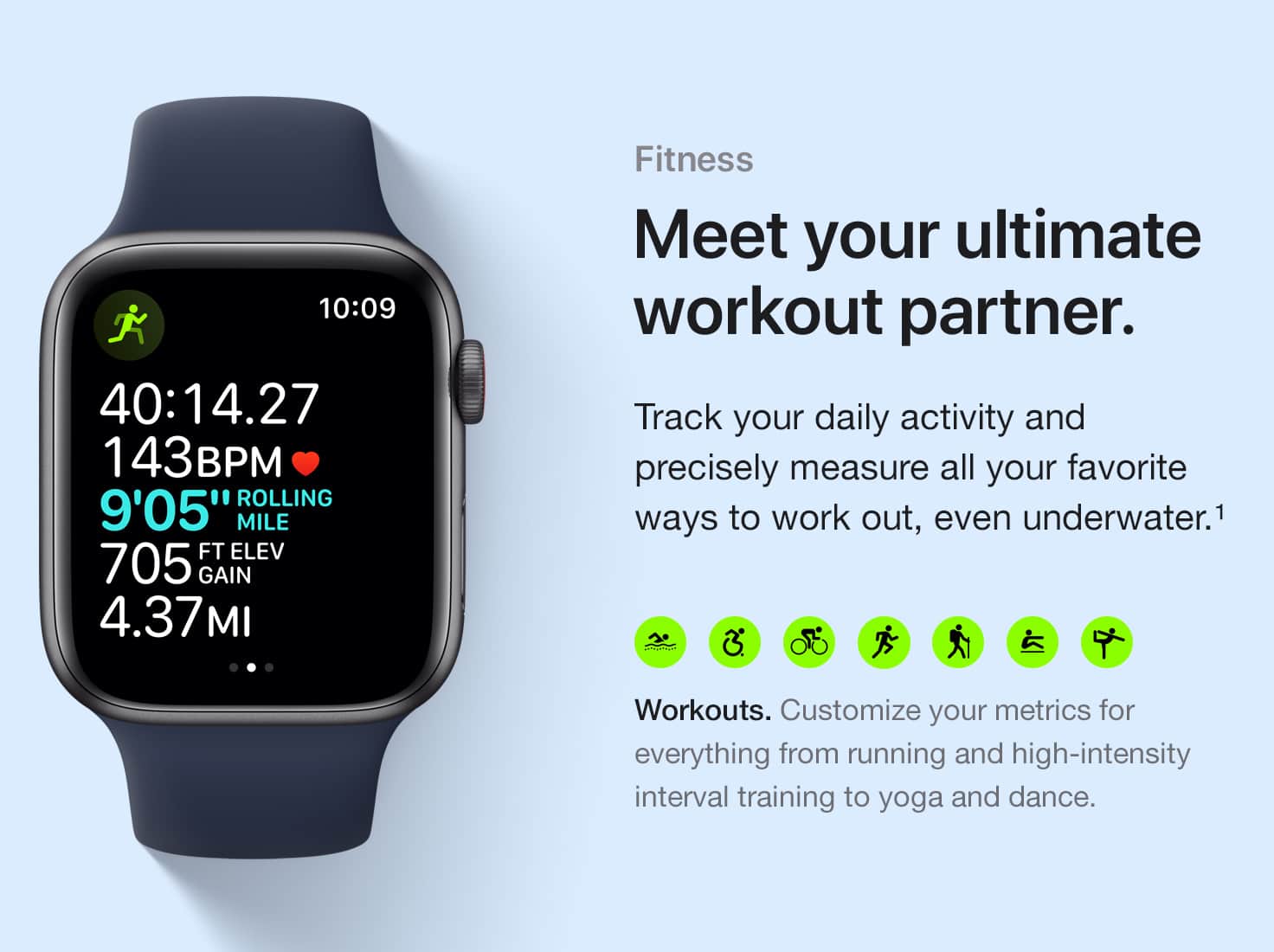 Fitness. Meet your ultimate workout partner. Track your daily activity and precisely measure all your favorite ways to work out, even underwater.(1) Workouts. Customize your metrics for everything from running and high-intensity interval training to yoga and dance.