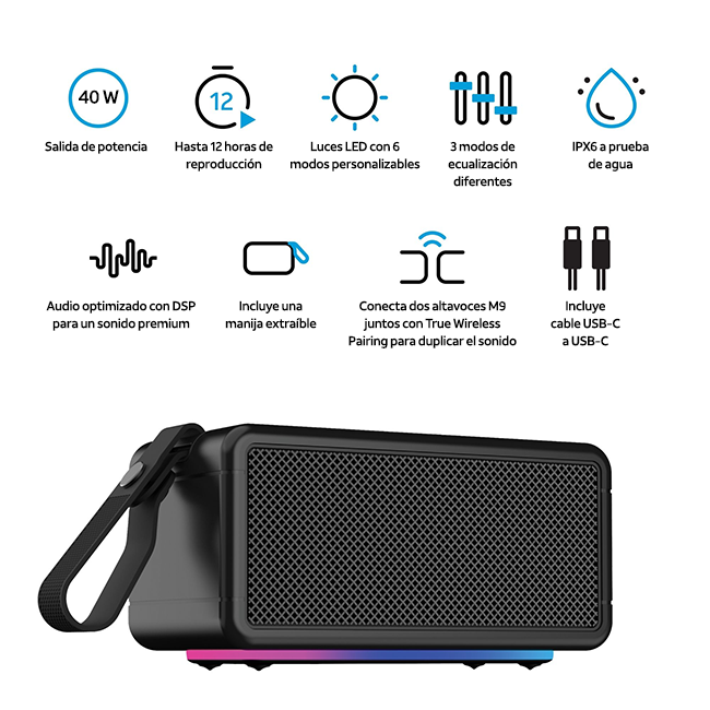 Altavoz Bluetooth AT&T Essentials Retro de 40 W - Negro (consulta de producto 7)