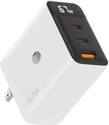 Cargador de pared GaN AT&T Essentials con varios puertos, de 67 W con pantalla LED (2 USBC + 1 USBA)