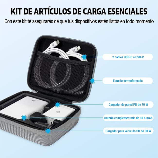 Kit de carga de AT&T con bloque de pared con múltiples puertos de 70 W, cargador para vehículo de 30 W, 2 cables C a C y batería complementaria de 10 K