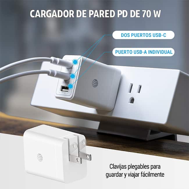 Kit de carga de AT&T con bloque de pared con múltiples puertos de 70 W, cargador para vehículo de 30 W, 2 cables C a C y batería complementaria de 10 K