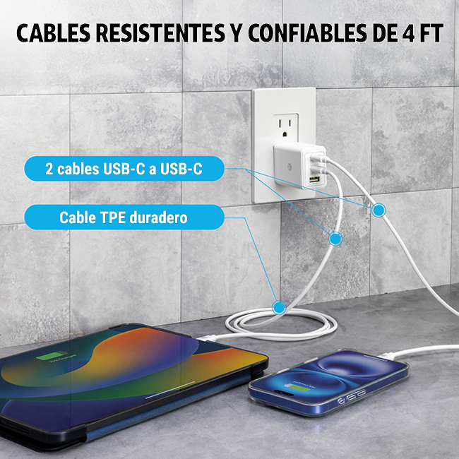 Kit de carga de AT&T con bloque de pared con múltiples puertos de 70 W, cargador para vehículo de 30 W, 2 cables C a C y batería complementaria de 10 K