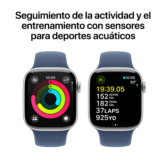 Apple Watch Series 10 de 42 mm, aluminio plateado con correa deportiva de denim, S-M (consulta de producto 5)