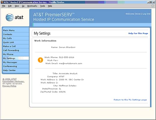 Screen capture - My Settings - Work Information