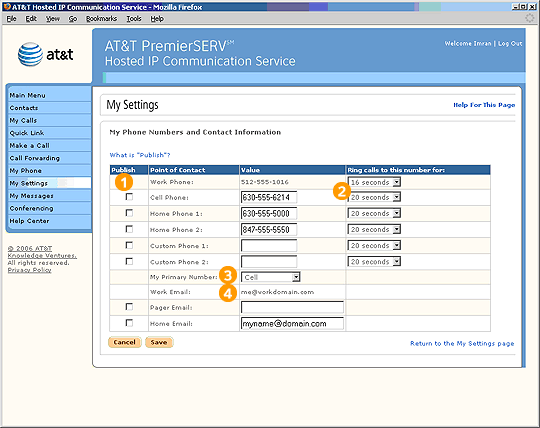 Screen capture - My Settings - My Phone Numbers and Other Contact Information