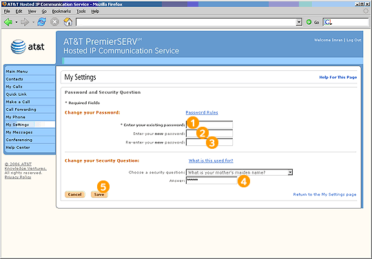 Screen capture - My Settings - Password and Security Question