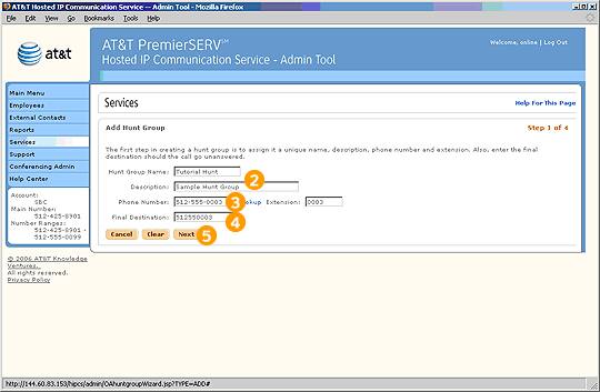 Screen capture - Services - Add Hunt Group - Step 1 of 4