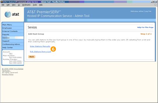 Screen capture - Services - Add Hunt Group - Step 2 of 4
