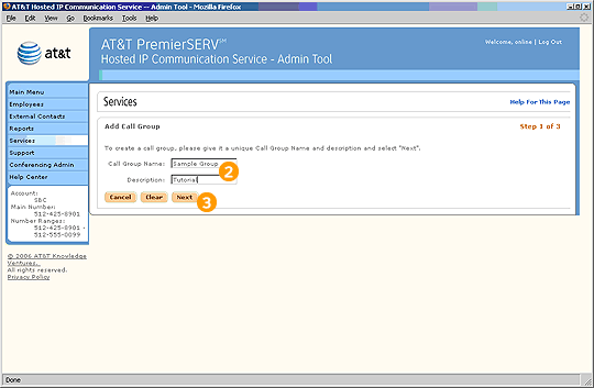 Screen capture - Services - Add Call Group - Step 1 of 3