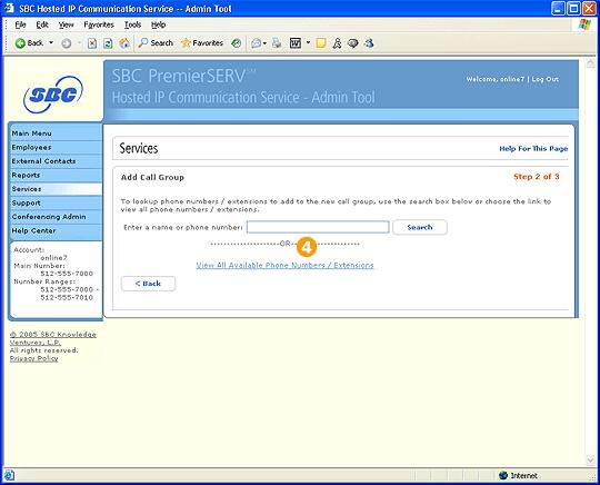 Screen capture - Services - Add Call Group - Step 2 of 3 (first screen)