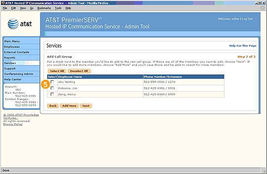 Screen capture - Services - Add Call Group - Step 2 of 3 - Second Screen