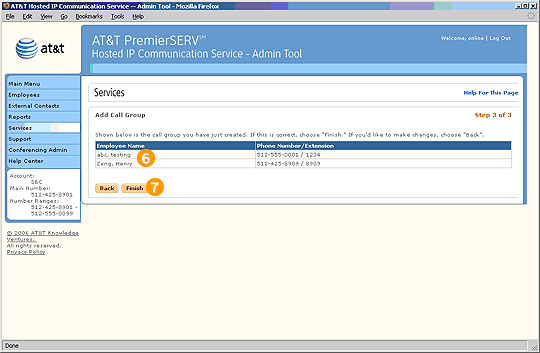 Screen capture - Services - Add Call Group - Step 3 of 3