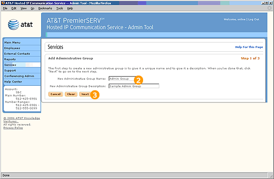 Screen capture - Services - Add Admin Group - Step 1 of 3