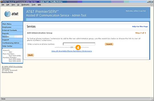 Screen capture - Services - Add Admin Group - Step 2 of 3 (first screen)