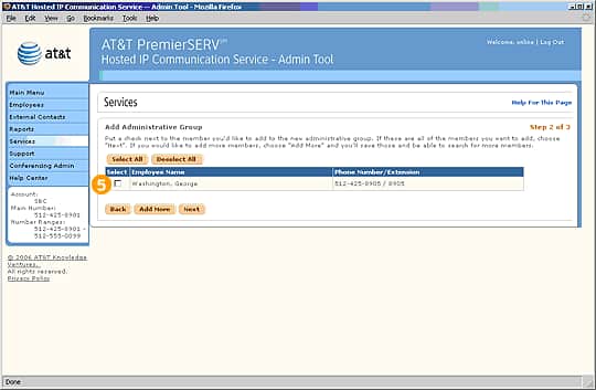 Screen capture - Services - Add Admin Group - Step 2 of 3 - Second Screen